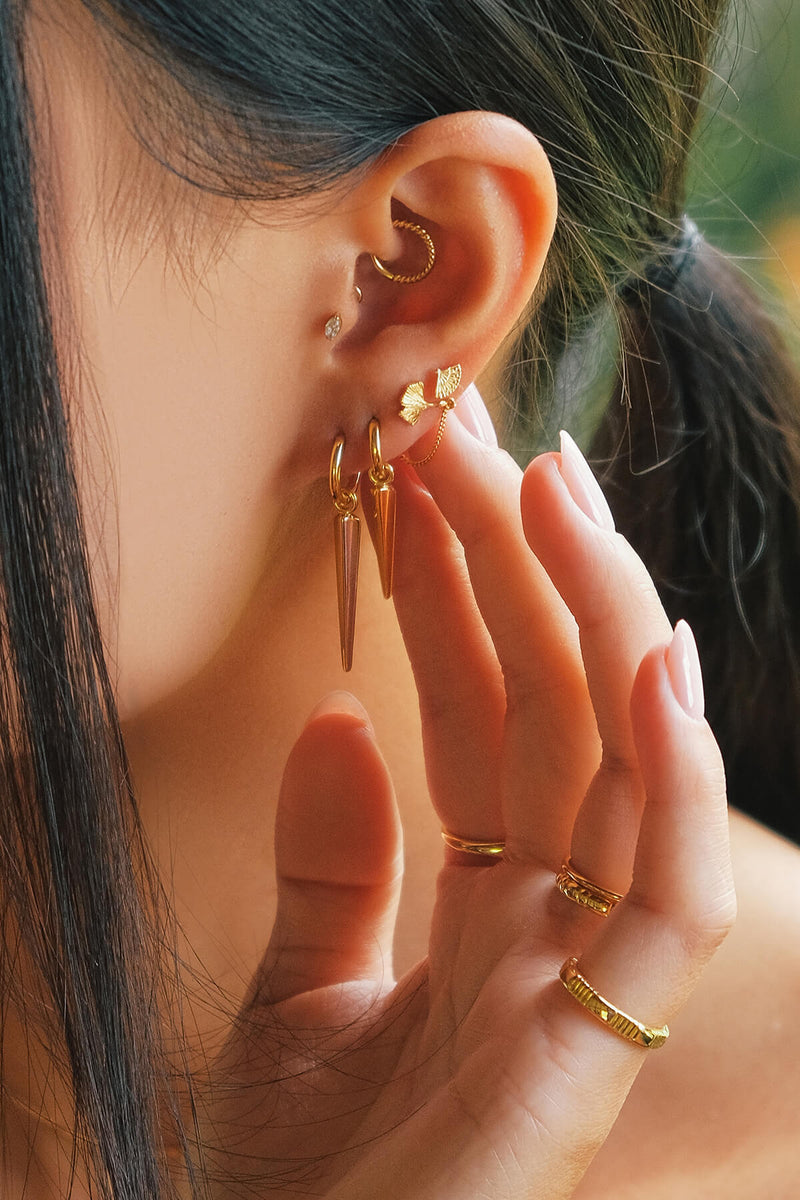 Gingko Leaf Stud Chain Earring - Silver