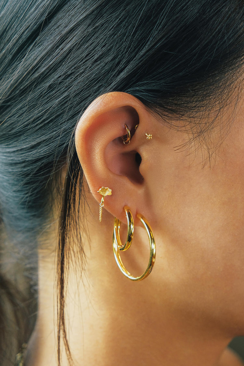 Gingko Leaf Stud Chain Earring - Gold
