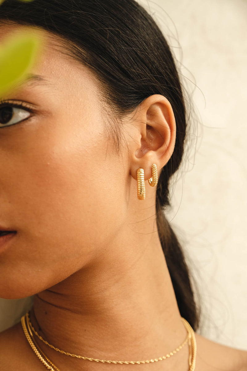 Beaded Oval Hugging Hoop Earring - Gold