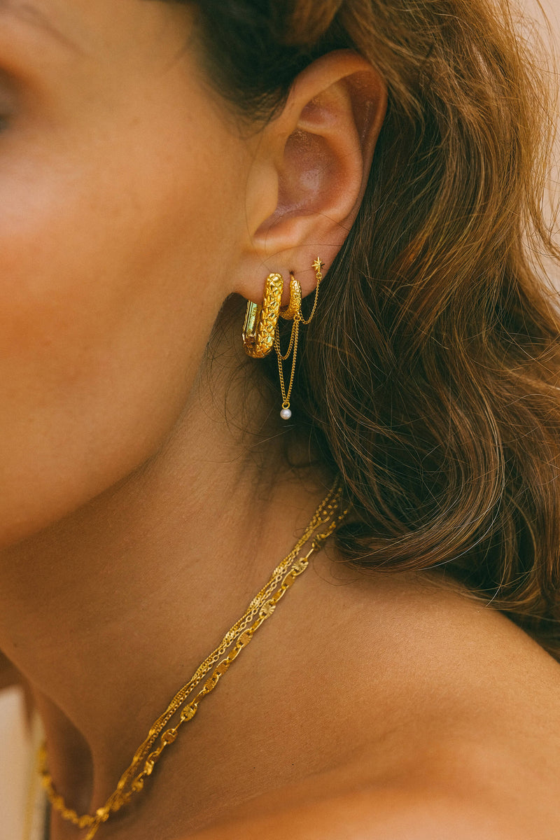 Hammered Hoop Chain Earring - Gold