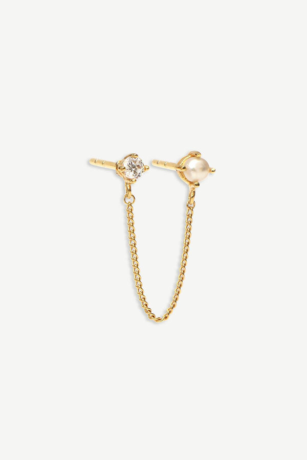 Single Double Stud Chain Earring 1 piece - Gold