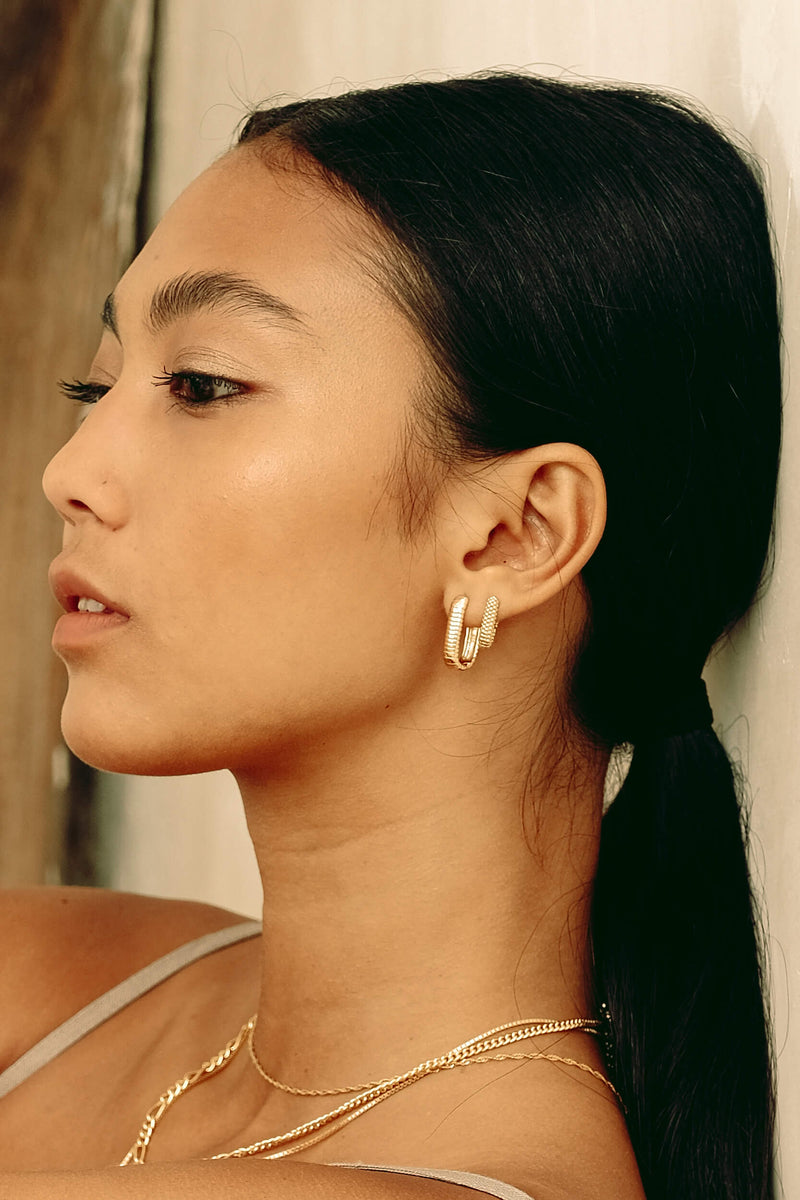 Beaded Oval Hugging Hoop Earring - Gold