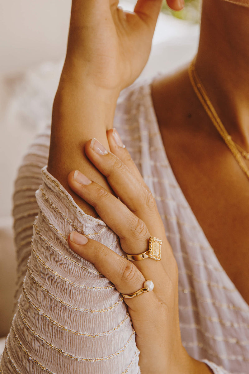 pearl pink ring + square signet ring